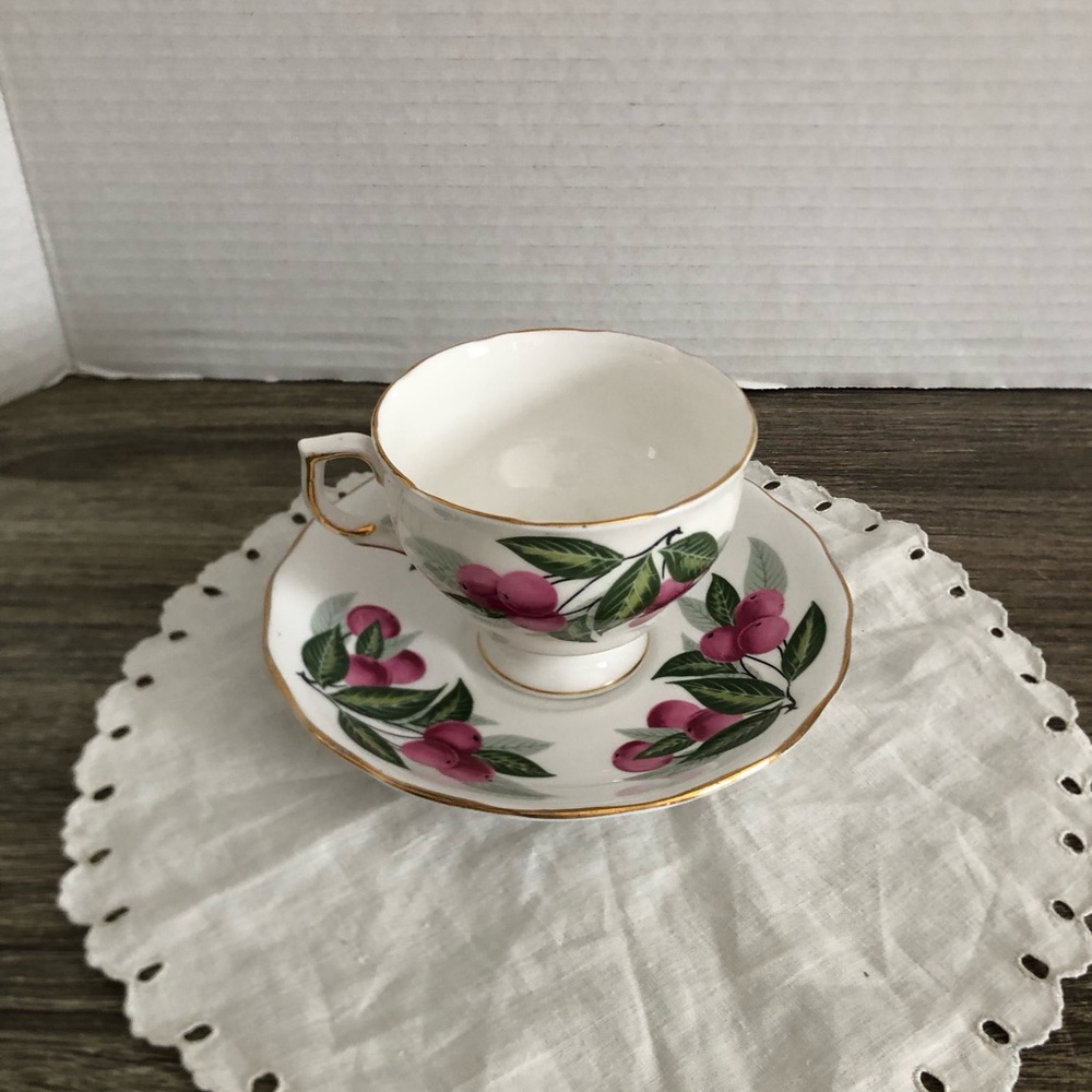 Vtg Cherry Design Bone China Teacup and Saucer